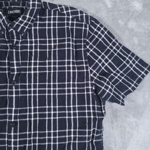 Zanerobe Shirt Mens Medium Black Short Sleeve Plaid‎ Linen Blend Button Down